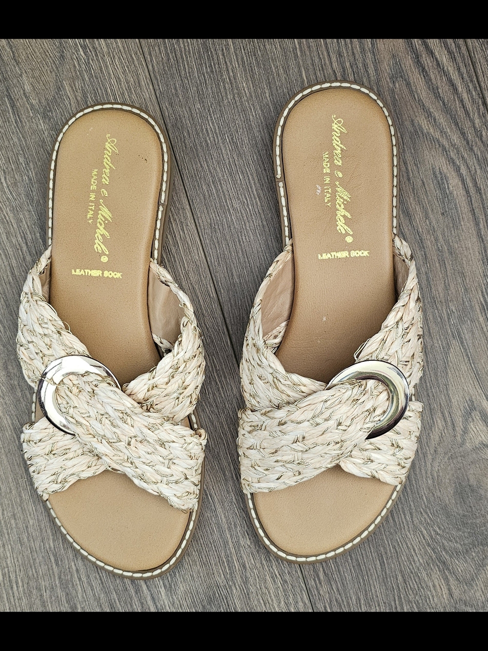 Andrea & Michele Made in Italy Beige Braided Weave Buckle Slide Sandals